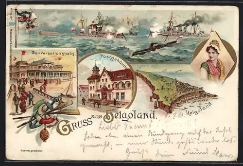 Lithographie Helgoland, Postgebäude, Conversationshaus, Kriegsschiffe, Helgoländerin