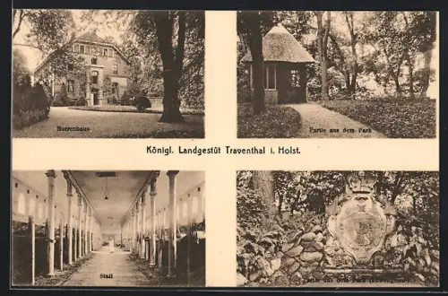 AK Traventhal / Holstein, Herrenhaus mit Garten, Stall, Partie im Park mit Löwengrotte