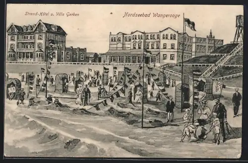 AK Wangerooge, Strandszene mit Strand-Hotel und Villa Gerken