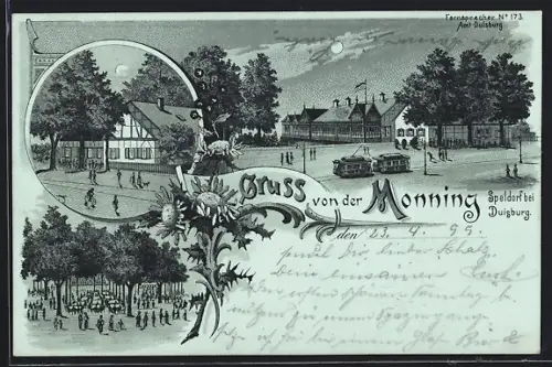 Mondschein-Lithographie Speldorf bei Duisburg, Gasthaus Monning mit Strasse und Garten