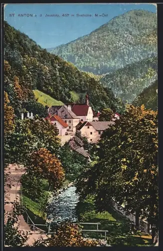 AK St. Anton a. d. Jessnitz, Blick zur Kirche mit Bach