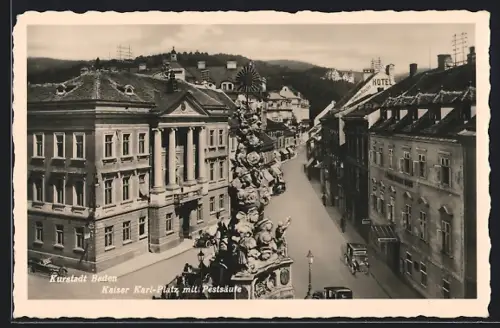 AK Baden, Kaiser Karl-Platz mit Pestsäule