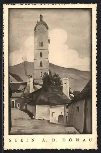 Künstler-AK Stein an der Donau, Strassenansicht mit Kirche