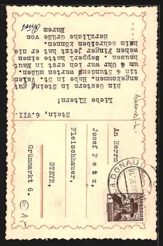 Künstler-AK Stein an der Donau, Strassenansicht mit Kirche