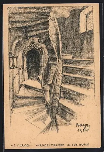 Künstler-AK Graz, Wendeltreppe in der Burg