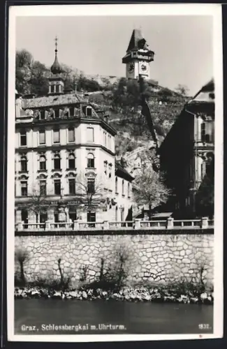 AK Graz, Schlossbergkai mit Uhrturm