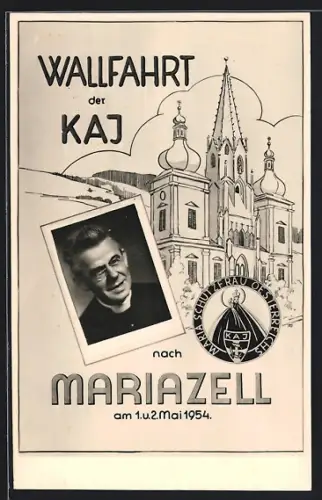 AK Mariazell, Wallfahrt der Kaj 1954, Kirche, Geistlicher, Passepartout