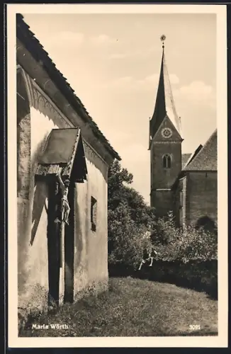 AK Maria Wörth, Kirche mit Flurkreuz