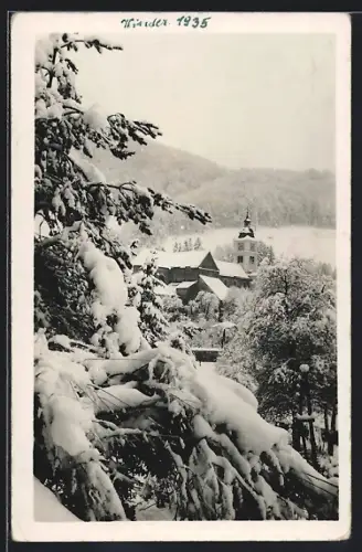 AK Lilienfeld, Ortspartie mit Turm im Winter