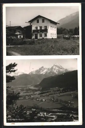 AK Bischofswiesen, Blick auf ein Wohnhaus, Gesamtpanorama mit Bergen