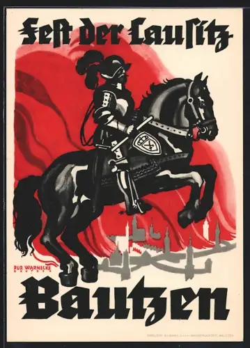 Künstler-AK Bautzen, Fest der Lausitz, Ritter vor brennender Stadt