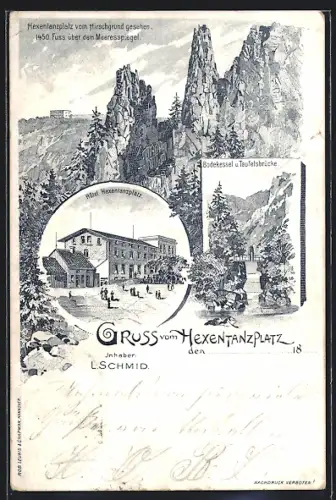 Lithographie Hexentanzplatz, Bodekessel und Teufelsbrücke, Partie am Hirschgrund