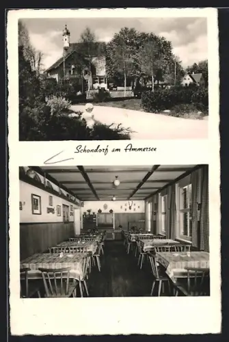 AK Schondorf am Ammersee, Gasthof Zur Post, Unterschondorf, Aussenansicht und Gaststube