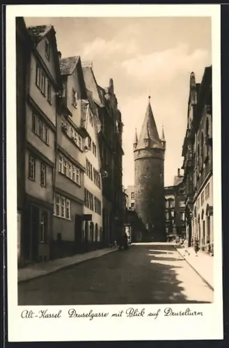 AK Alt-Kassel, Druselgasse mit Blick auf Druselturm