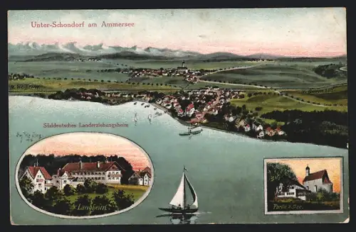 Künstler-AK Eugen Felle: Unter-Schondorf am Ammersee, Gesamtpanorama vom See aus, Landheim und Haus mit Kirche