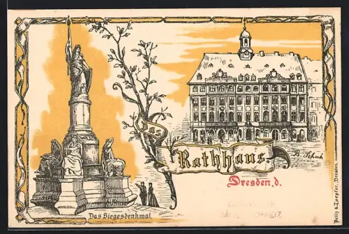 Künstler-AK Dresden, Rathaus und Siegesdenkmal
