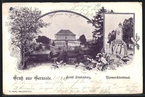 AK Gernrode / Harz, Hotel Stubenberg, Bismarckdenkmal