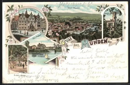 Lithographie Hann Münden, Totalansicht, Rathaus, Forst-Akademie, Seidlers Anlage