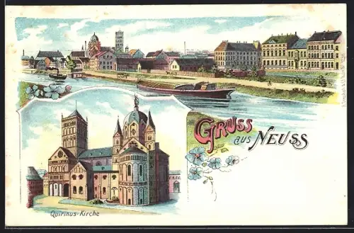Lithographie Neuss, Gesamtansicht vom Wasser mit Schiffen, Quirinus-Kirche