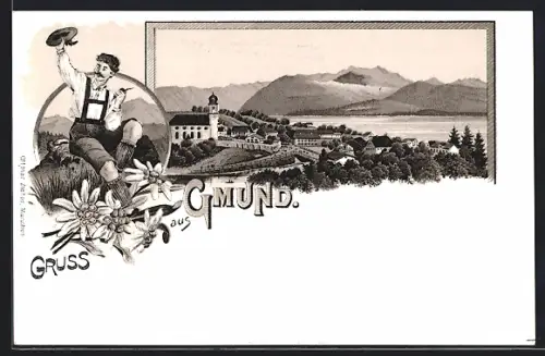 Lithographie Gmund, Panorama mit See und Kirche, Wanderer in Tracht und Blumen