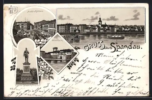 Lithographie Berlin-Spandau, Markt mit Rathaus, Juliusturm, Kaiser Friedrich Denkmal