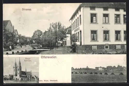 AK Ottersweier, Strassenpartie mit Haus, Neue Kirche und Feldansicht mit Heuhaufen