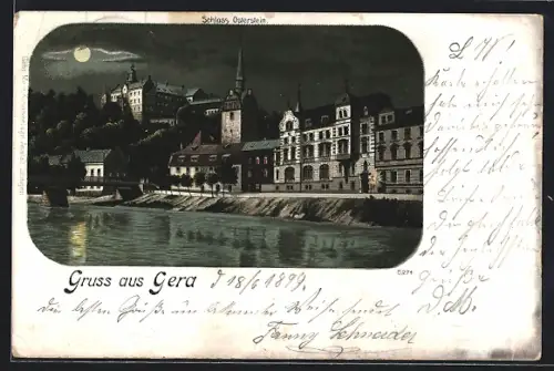 AK Gera, Schloss Osterstein, Flussufer bei Nacht