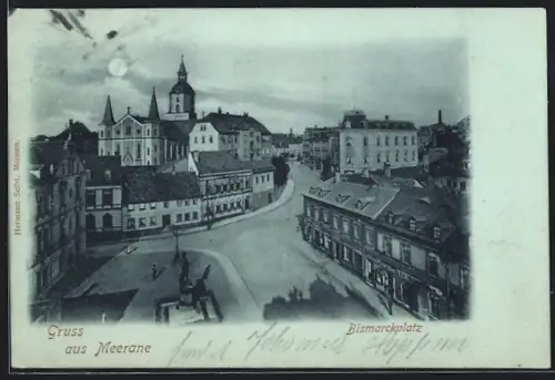 Mondschein-AK Meerane, Bismarckplatz mit Kirche