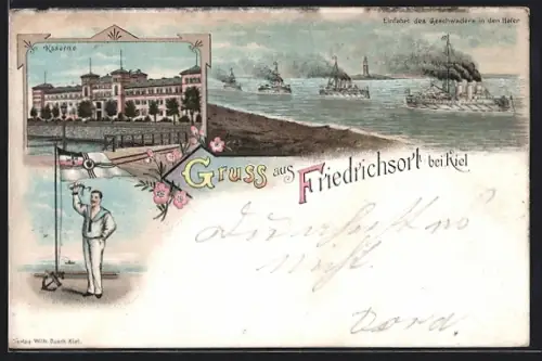 Lithographie Friedrichsort, Kaserne, Einfahrt des Geschwaders in den Hafen