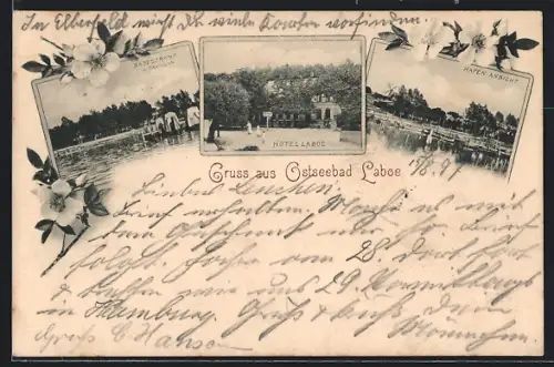 AK Laboe, Hotel Laboe, Badestrand mit Pavillon, Hafen-Ansicht