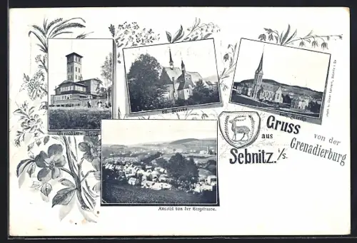 AK Sebnitz i. S., Grenadier-Burg, Evangelische Kirche, Katholische Kirche