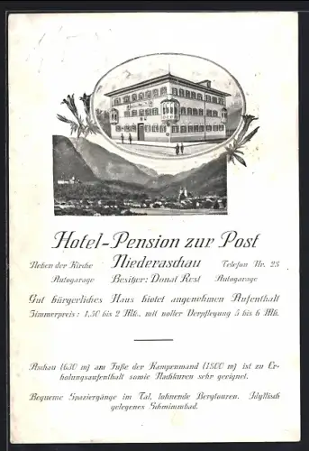 AK Niederaschau, Gesamtpanorama und Hotel-Pension Zur Post, Bes. Donat Rest