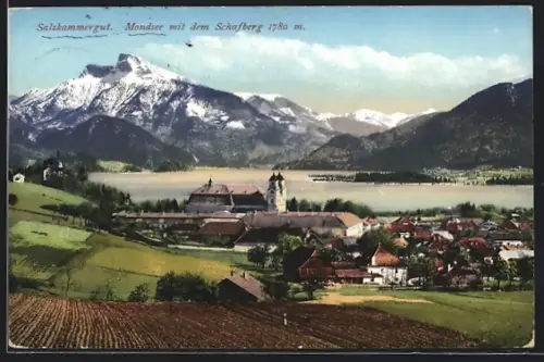 AK Mondsee, Gesamtansicht mit dem Schafberg