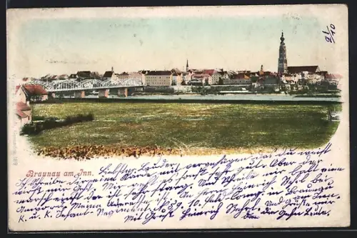 AK Braunau am Inn, Ortspanorama mit Innbrücke