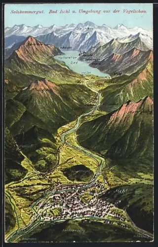 Künstler-AK Bad Ischl, Salzkammergut, Ortsansicht mit Ramsau, Hallstatt und Sarstein