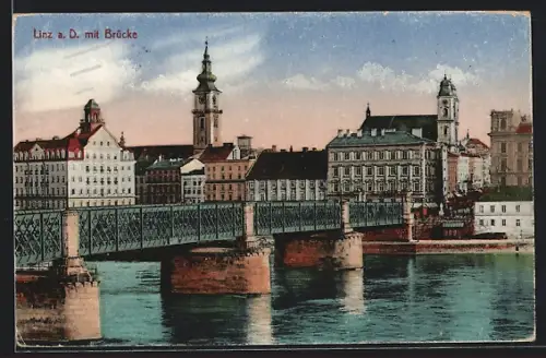 AK Linz a. D., Uferpartie mit Brücke