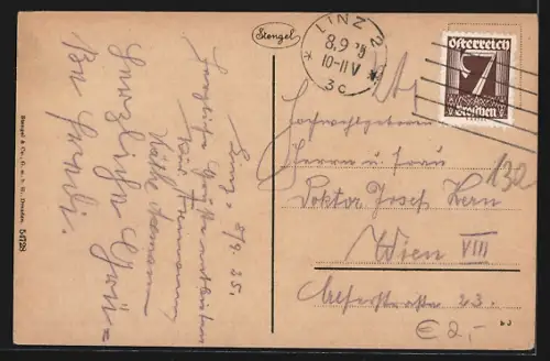 AK Linz a. D., Uferpartie mit Brücke