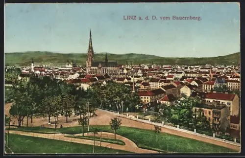 AK Linz a. d. D., Teilansicht mit Kirche vom Bauernberg aus