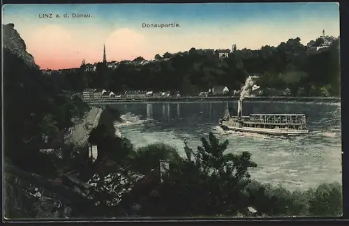 AK Linz a. d. Donau, Donaupartie mit Dampfer