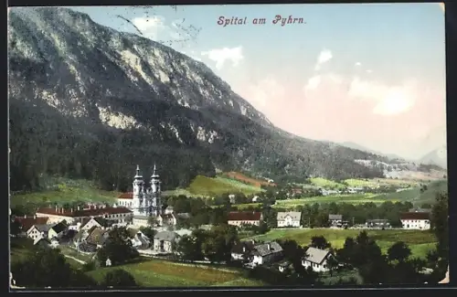 AK Spital, Ortsansicht mit Kirche aus der Vogelschau, Pyhrnbahn