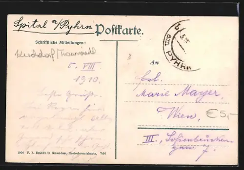 AK Spital, Ortsansicht mit Kirche aus der Vogelschau, Pyhrnbahn