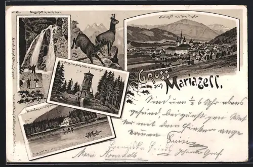 Lithographie Mariazell, Gemsen, Herrenhaus am Erlaf-See, Grünau-Wasserfall, Ortsansicht