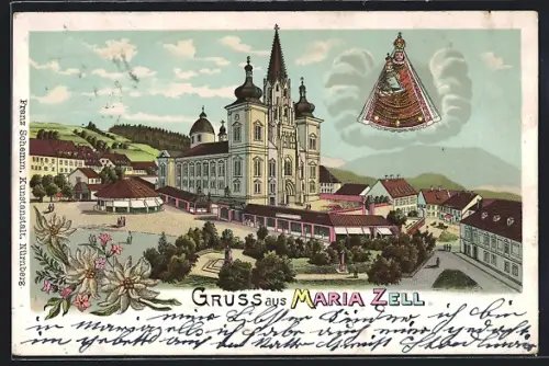 Lithographie Mariazell, Blick zur Basilika, Marienbild