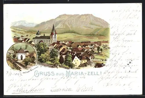 Lithographie Maria Zell, Ortsansicht aus der Vogelschau, Heiliger Brunnen