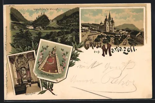 Lithographie Mariazell, Sigmundsberg, Gnadenmutter, Ortsansicht