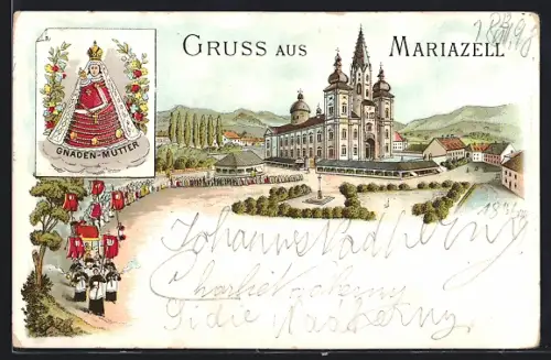 Lithographie Mariazell, Ortsansicht, Prozessionszug, Gnaden-Mutter