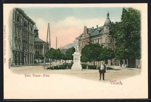 AK Villach, Strassenblick Hans Gasser-Platz mit Denkmal