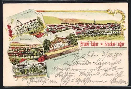 Lithographie Brucki-Tabor, Brucker Lager mit Militär-Conserven-Fabrik u. Hauptwache, Gesamtansicht