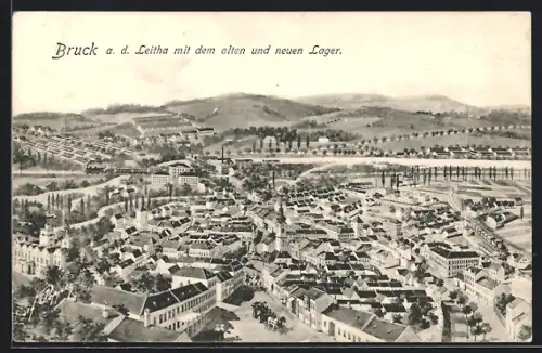 AK Bruck a. d. Leitha, Totalansicht mit altem u. neuem Lager aus der Vogelschau