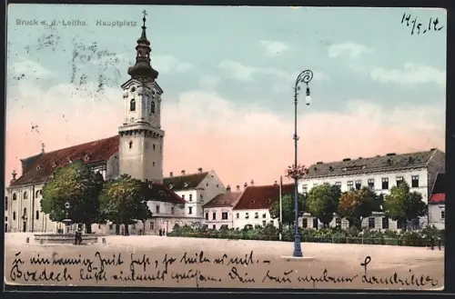 AK Bruck a. d. Leitha, Hauptplatz mit Brunnen und Kirche